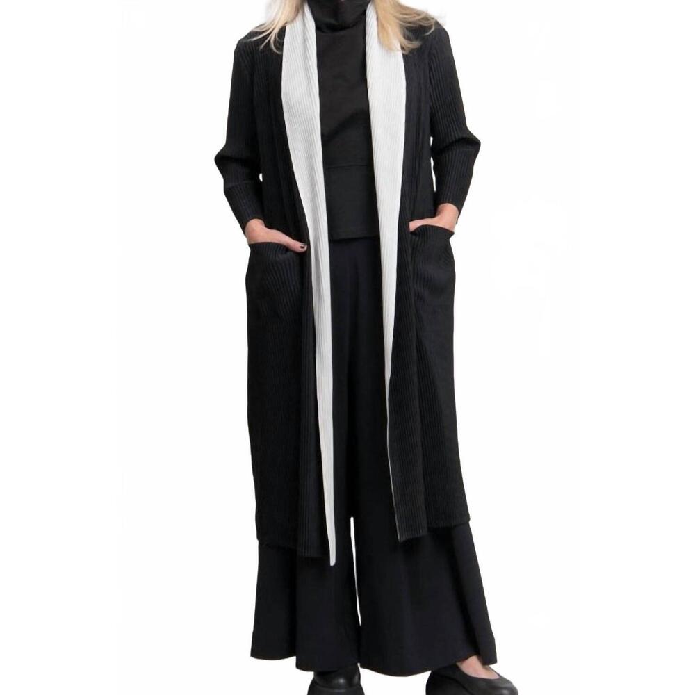 NEW ALQUEMA plisse open front long coat in black and white